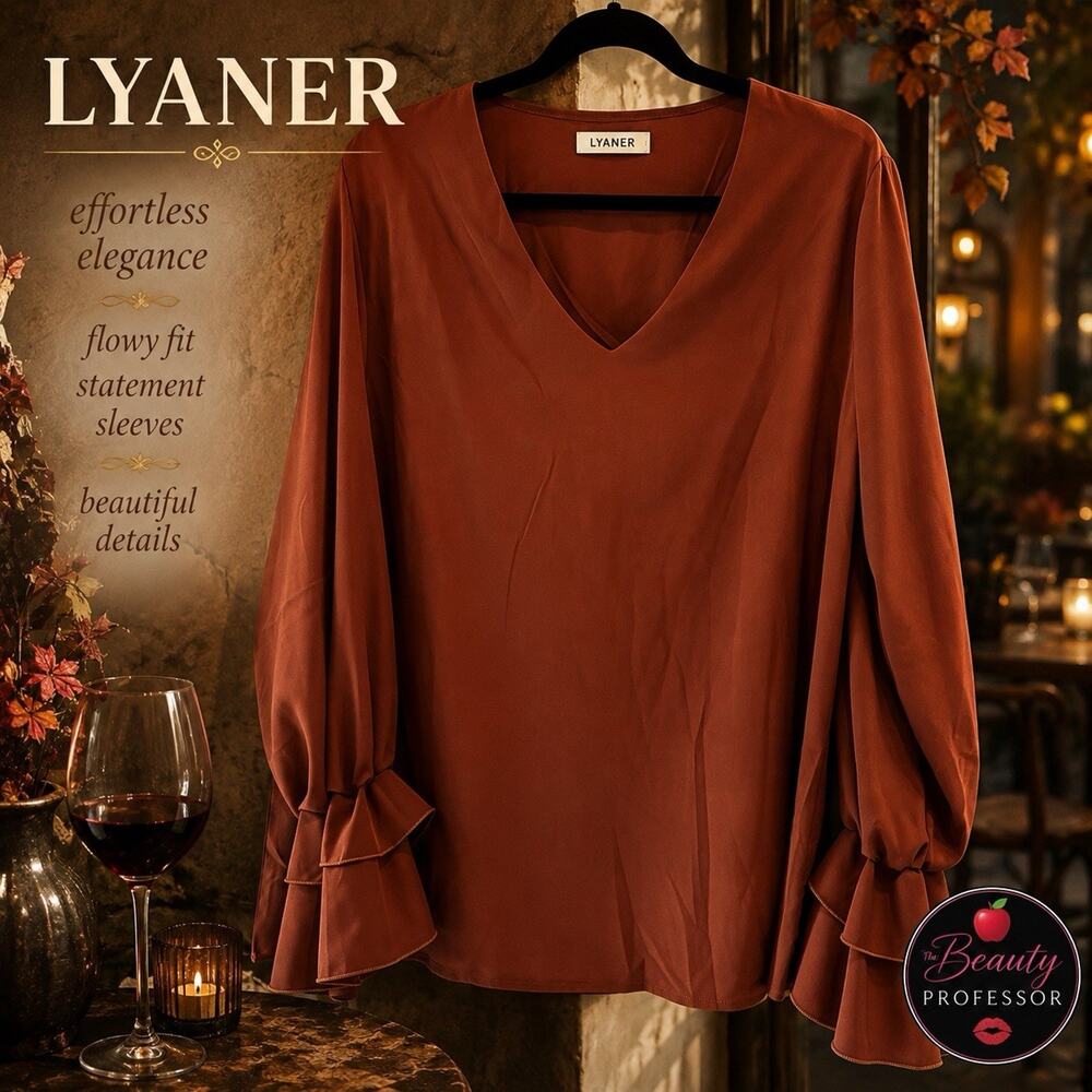 💞 LYANER Rust V Neck Blouse Ruffle Bell Sleeve Flowy Boho Women's Top XL